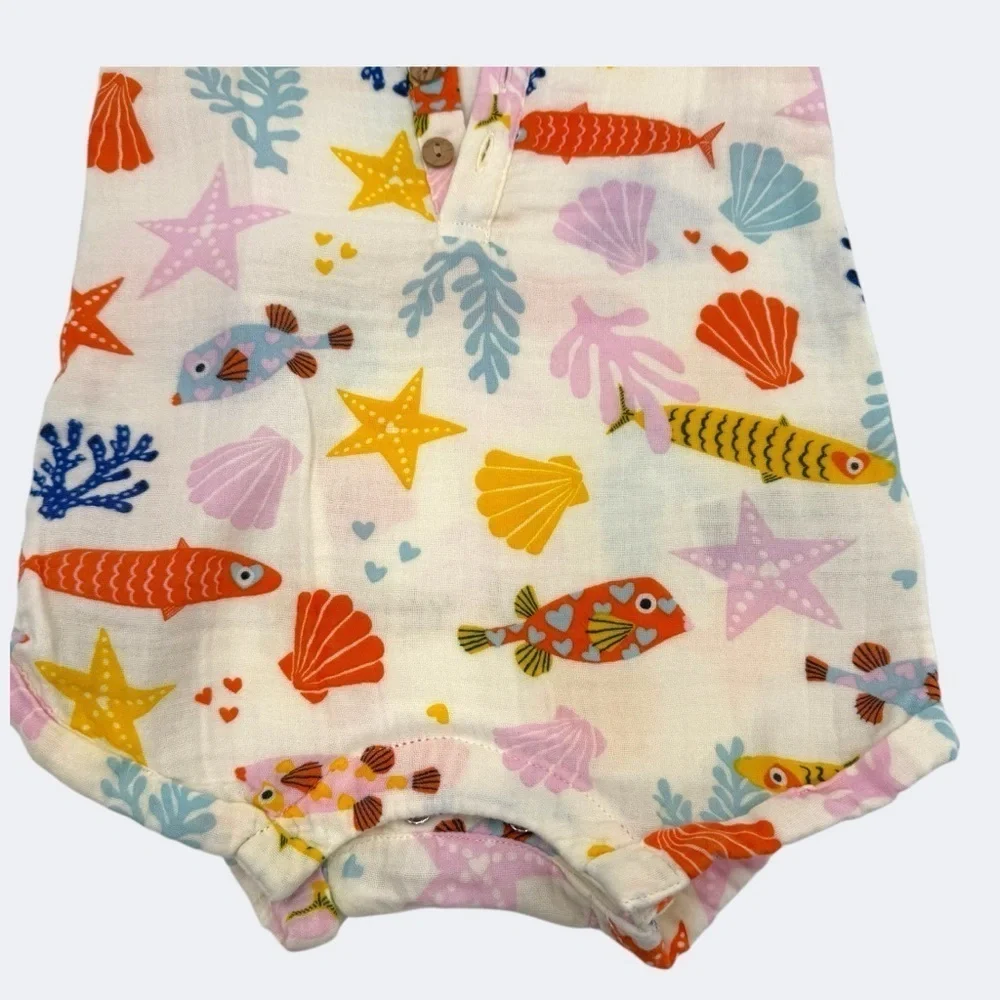 Old Navy Unisex Printed Henley Baby Romper Colorful Fish and Starfish 12-18
